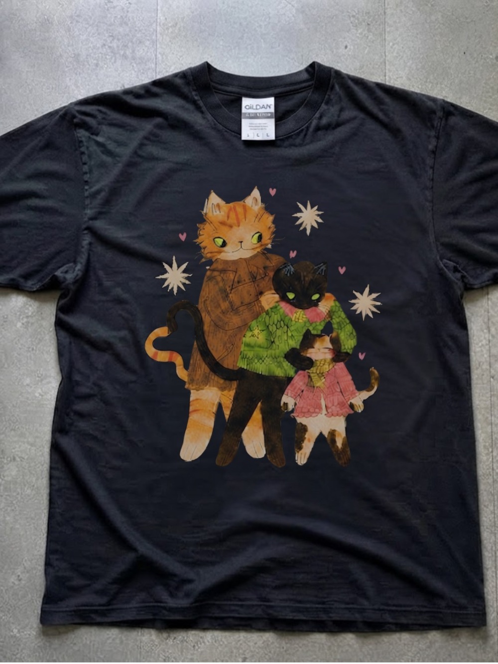 Gildan Black Tee with Cat Family Illustration